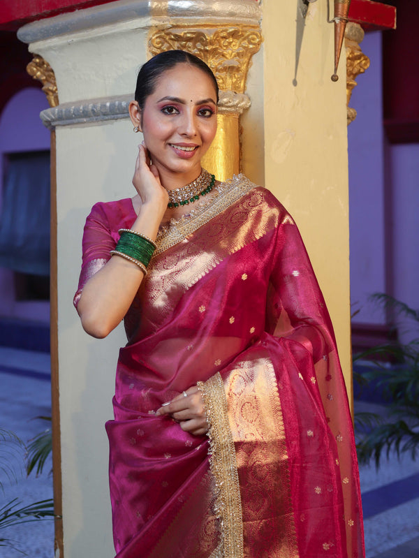 Banarasee Handwoven Tissue Saree With Zari Buti Design Border & Lace-Magenta