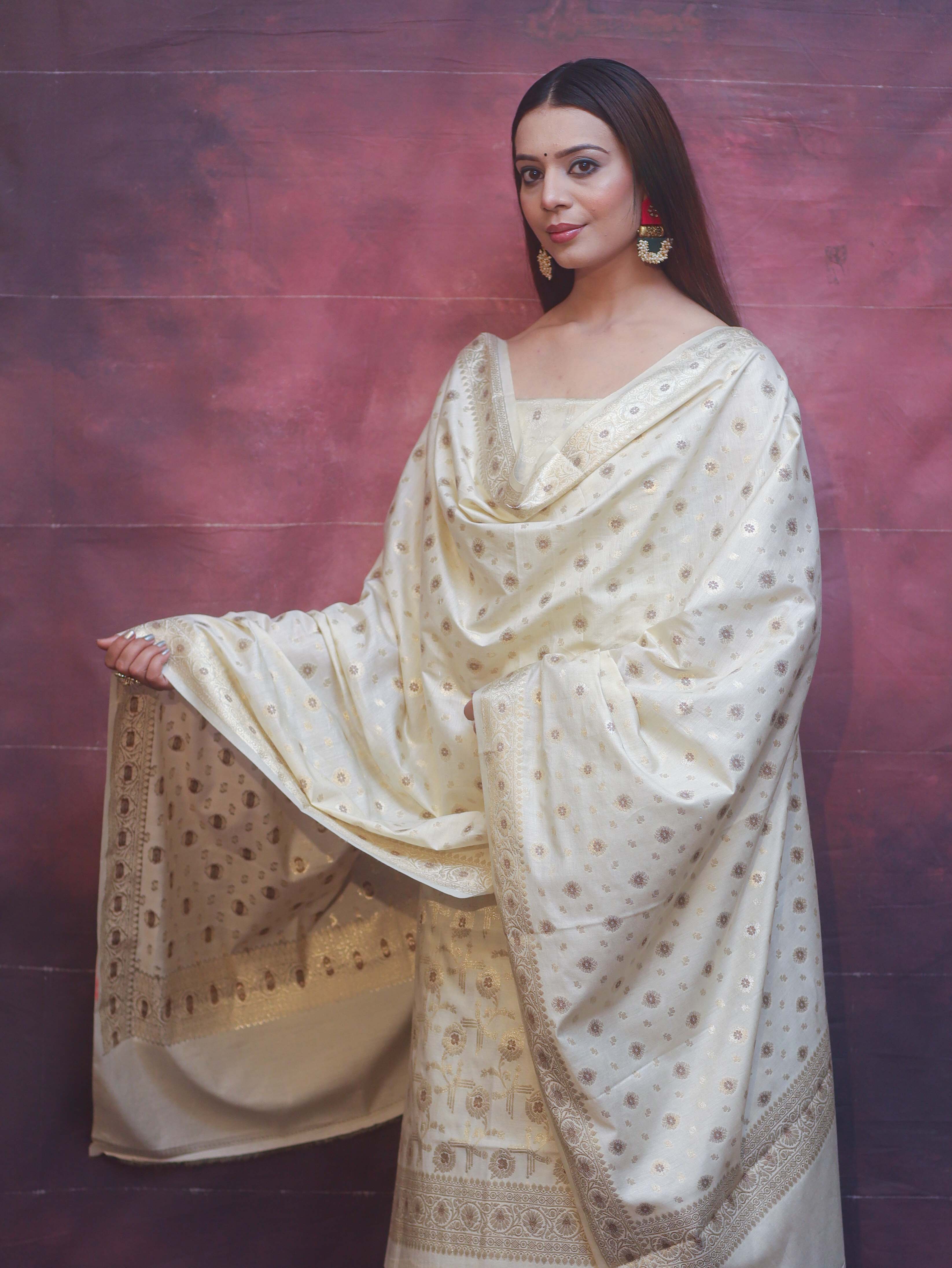 Banarasee Art Silk Resham Design Salwar Kameez With Dupatta Set-Ivory White