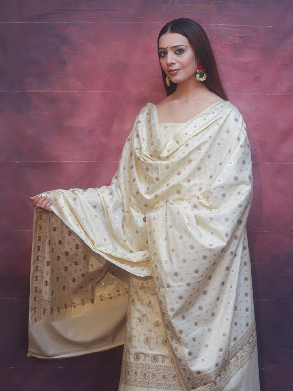 Banarasee Art Silk Resham Design Salwar Kameez With Dupatta Set-Ivory White