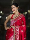 Banarasee Handloom Mashru Silk Saree With Sona Rupa Zari Work Border & Lace-Cherry Red