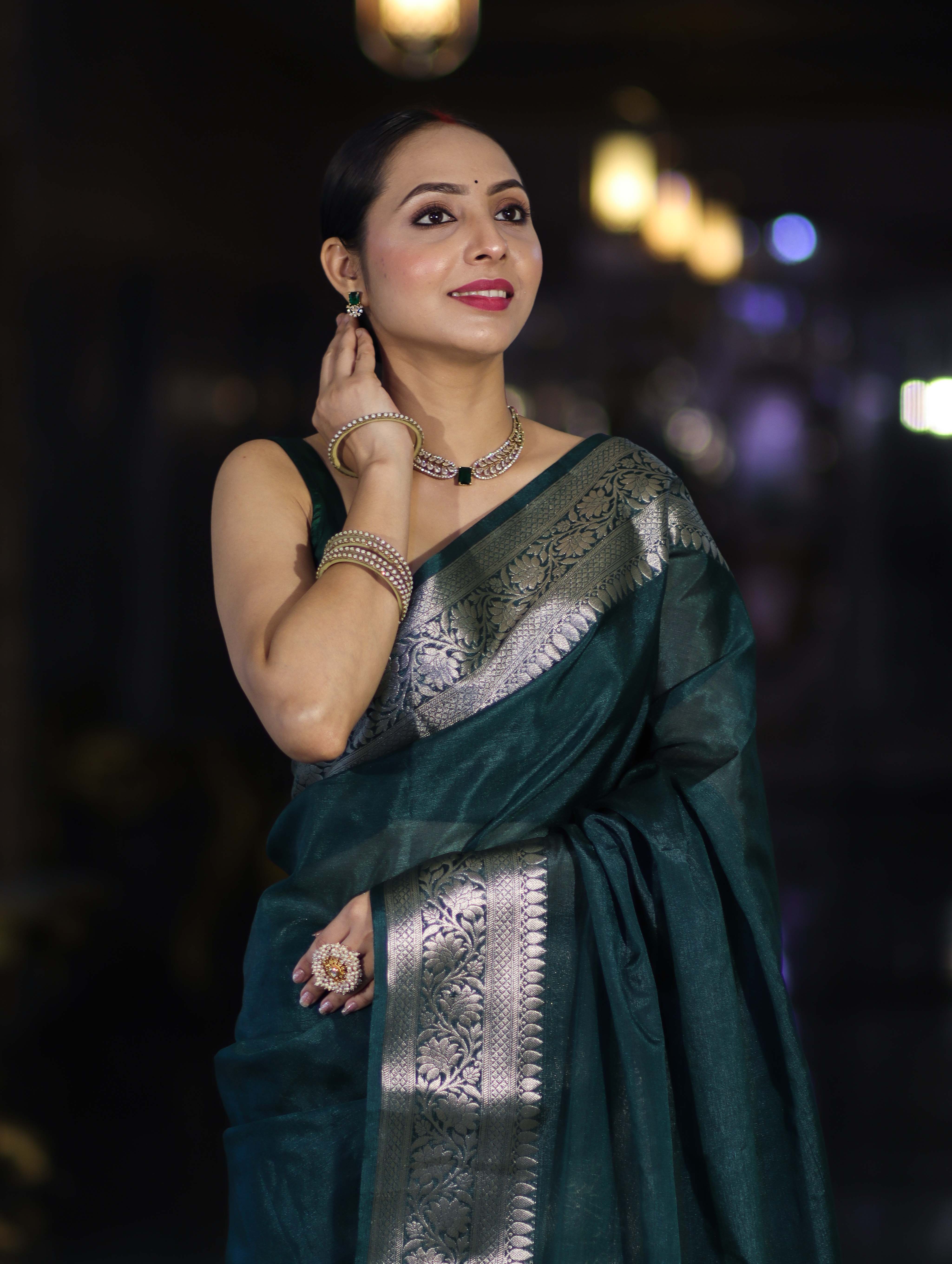 Banarasee Handwoven Plain Semi Silk Saree With Zari Border-Deep Green