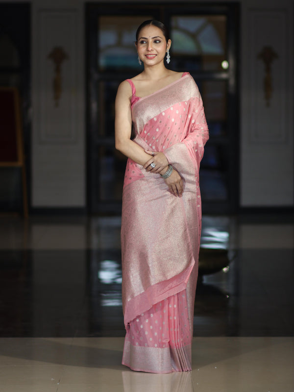Banarasee Handwoven Chiffon Saree With Polka Dots Design & Border-Peachy Pink