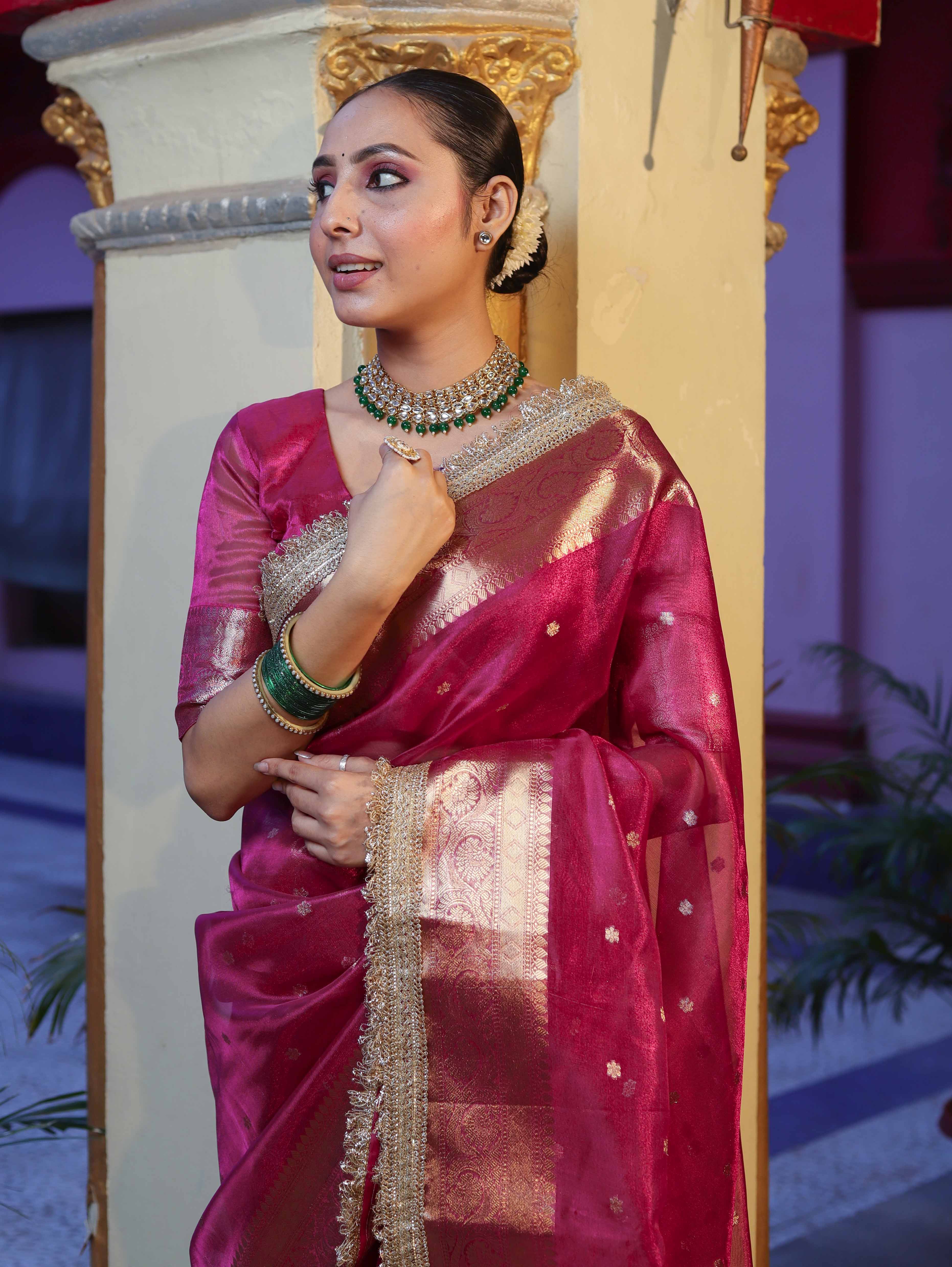 Banarasee Handwoven Tissue Saree With Zari Buti Design Border & Lace-Magenta