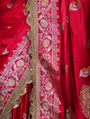 Banarasee Handloom Mashru Silk Saree With Sona Rupa Zari Work Border & Lace-Cherry Red