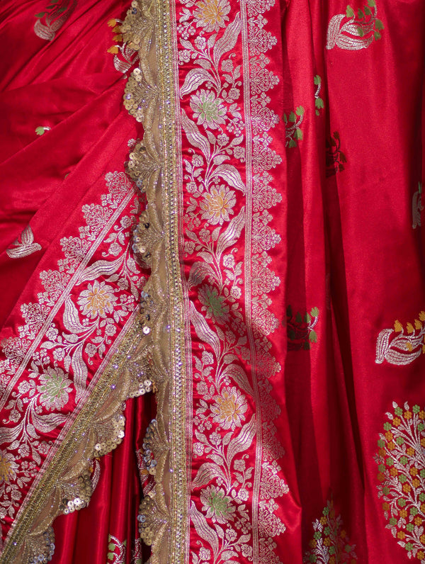 Banarasee Handloom Mashru Silk Saree With Sona Rupa Zari Work Border & Lace-Cherry Red