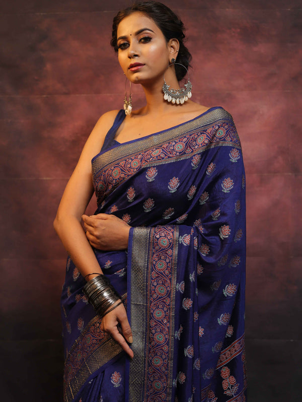 Banarasee Semi Silk Meena Work Saree-Blue