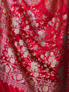 Banarasee Handloom Mashru Silk Saree With Sona Rupa Zari Work Border & Lace-Cherry Red