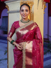 Banarasee Handwoven Tissue Saree With Zari Buti Design Border & Lace-Magenta