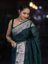 Banarasee Handwoven Plain Semi Silk Saree With Zari Border-Deep Green