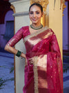 Banarasee Handwoven Tissue Saree With Zari Buti Design Border & Lace-Magenta