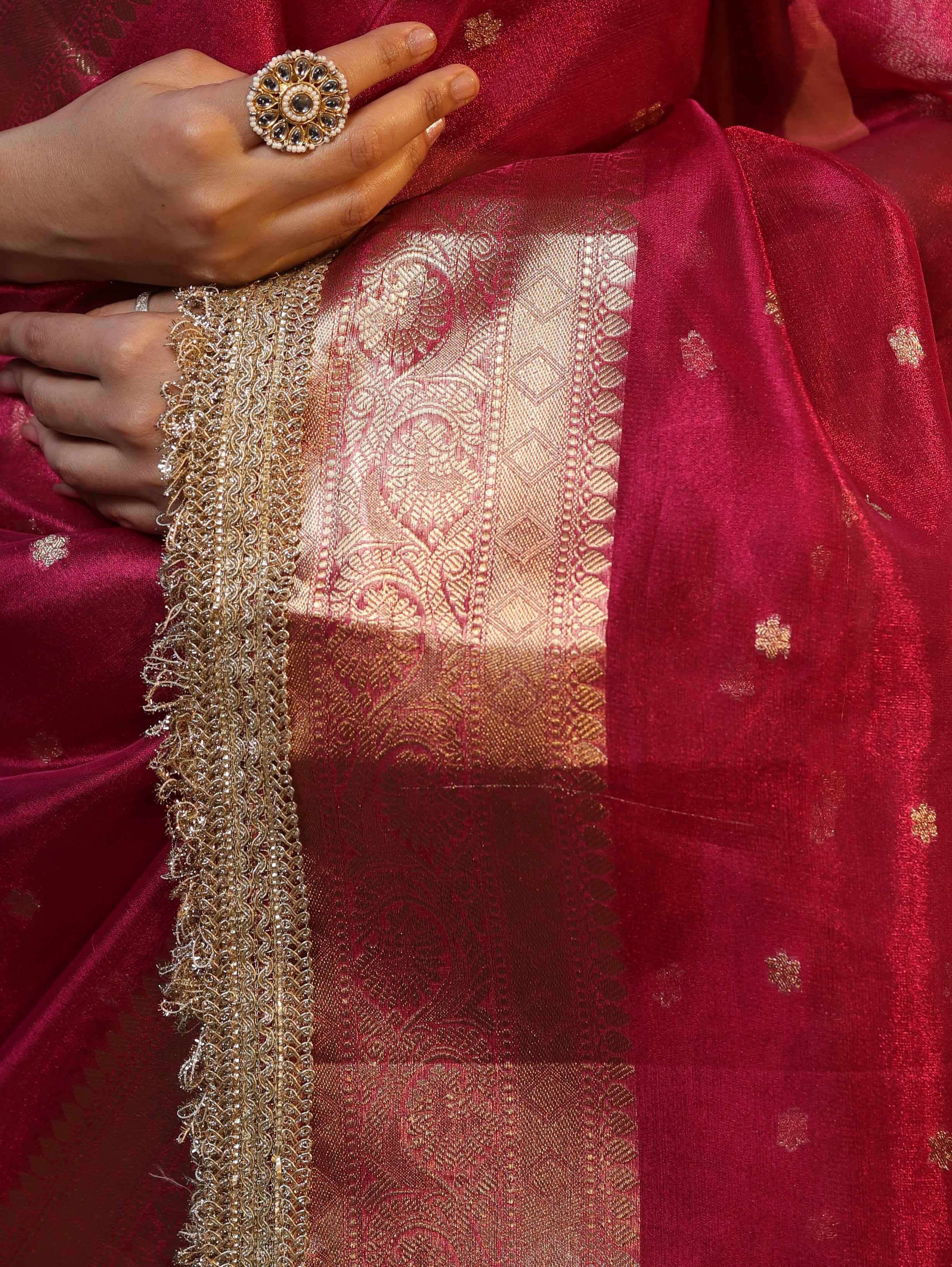 Banarasee Handwoven Tissue Saree With Zari Buti Design Border & Lace-Magenta