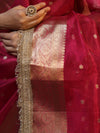 Banarasee Handwoven Tissue Saree With Zari Buti Design Border & Lace-Magenta