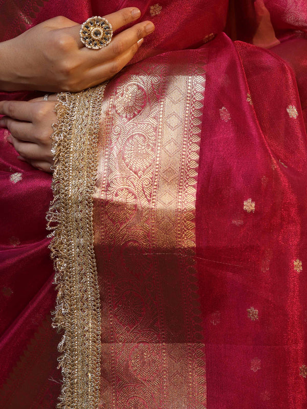 Banarasee Handwoven Tissue Saree With Zari Buti Design Border & Lace-Magenta
