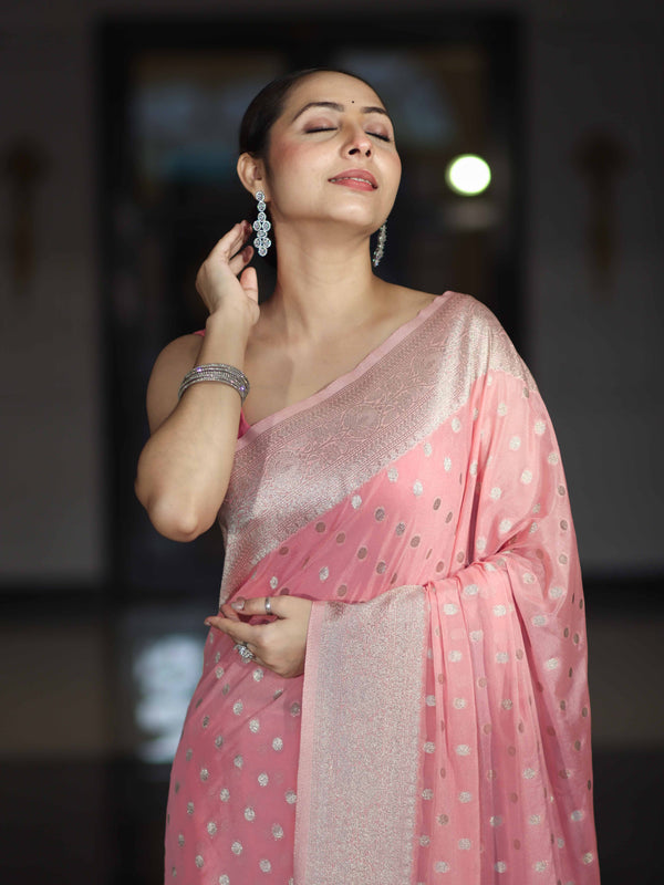 Banarasee Handwoven Chiffon Saree With Polka Dots Design & Border-Peachy Pink