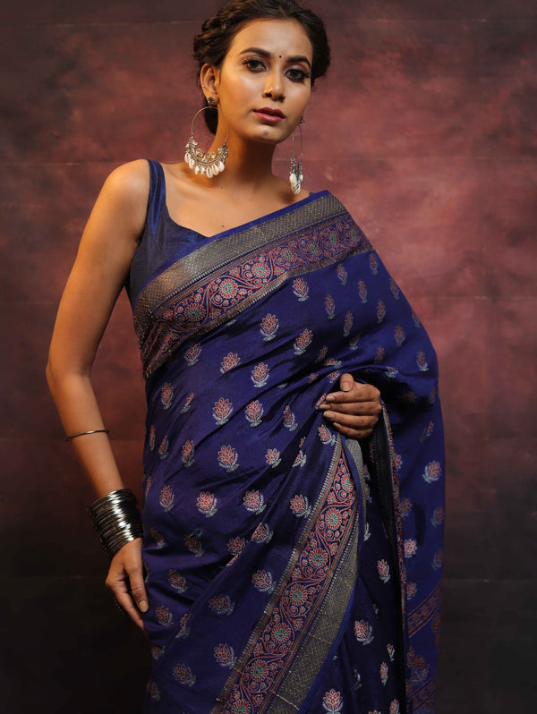 Banarasee Semi Silk Meena Work Saree-Blue