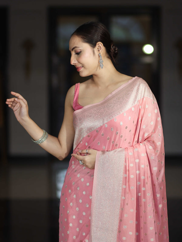 Banarasee Handwoven Chiffon Saree With Polka Dots Design & Border-Peachy Pink