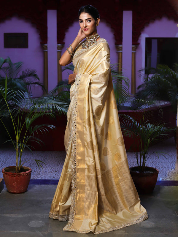 Banarasee Handwoven Semi Silk Saree With Zari Buta Design & Lace-Cream