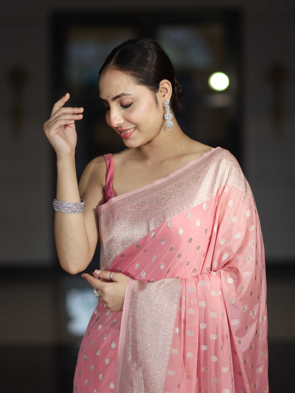 Banarasee Handwoven Chiffon Saree With Polka Dots Design & Border-Peachy Pink