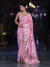 Banarasee Handloom Semi Silk Saree With Silver Zari Work Border & Lace-Light Pink