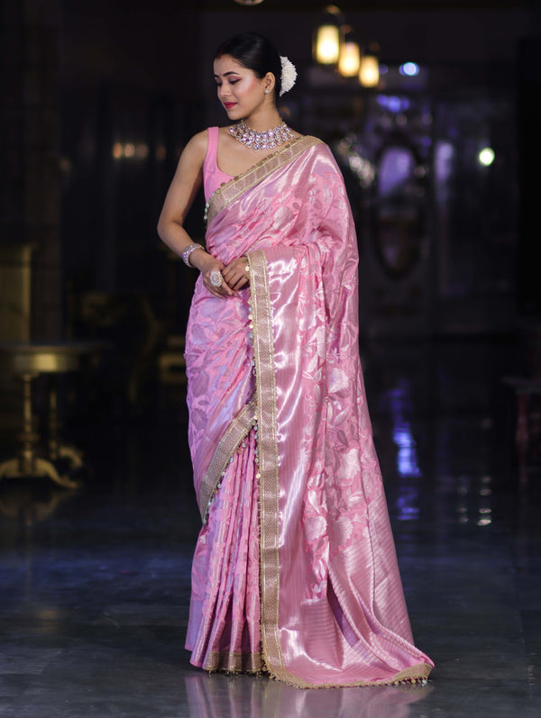 Banarasee Handloom Semi Silk Saree With Silver Zari Work Border & Lace-Light Pink