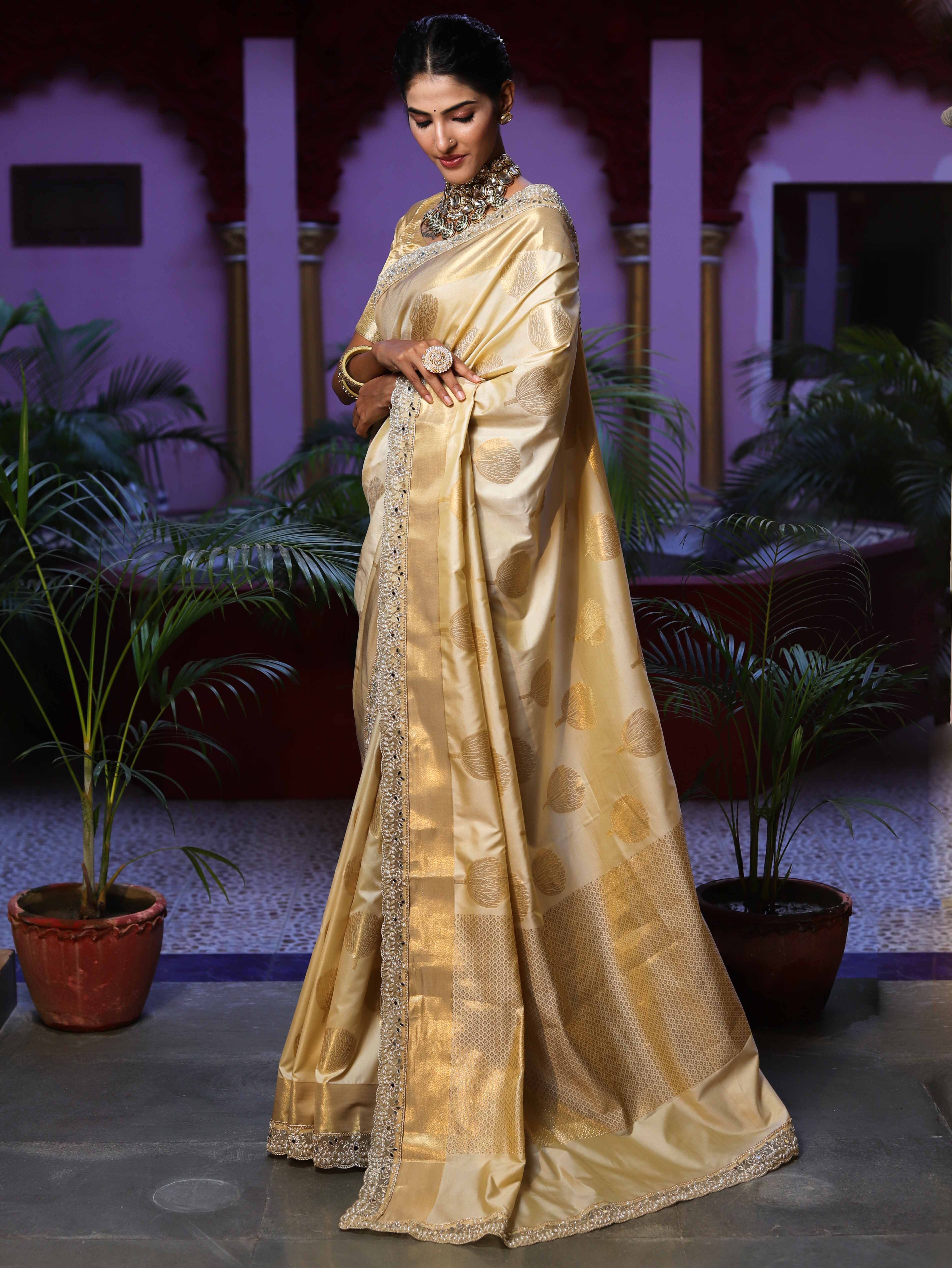 Banarasee Handwoven Semi Silk Saree With Zari Buta Design & Lace-Cream
