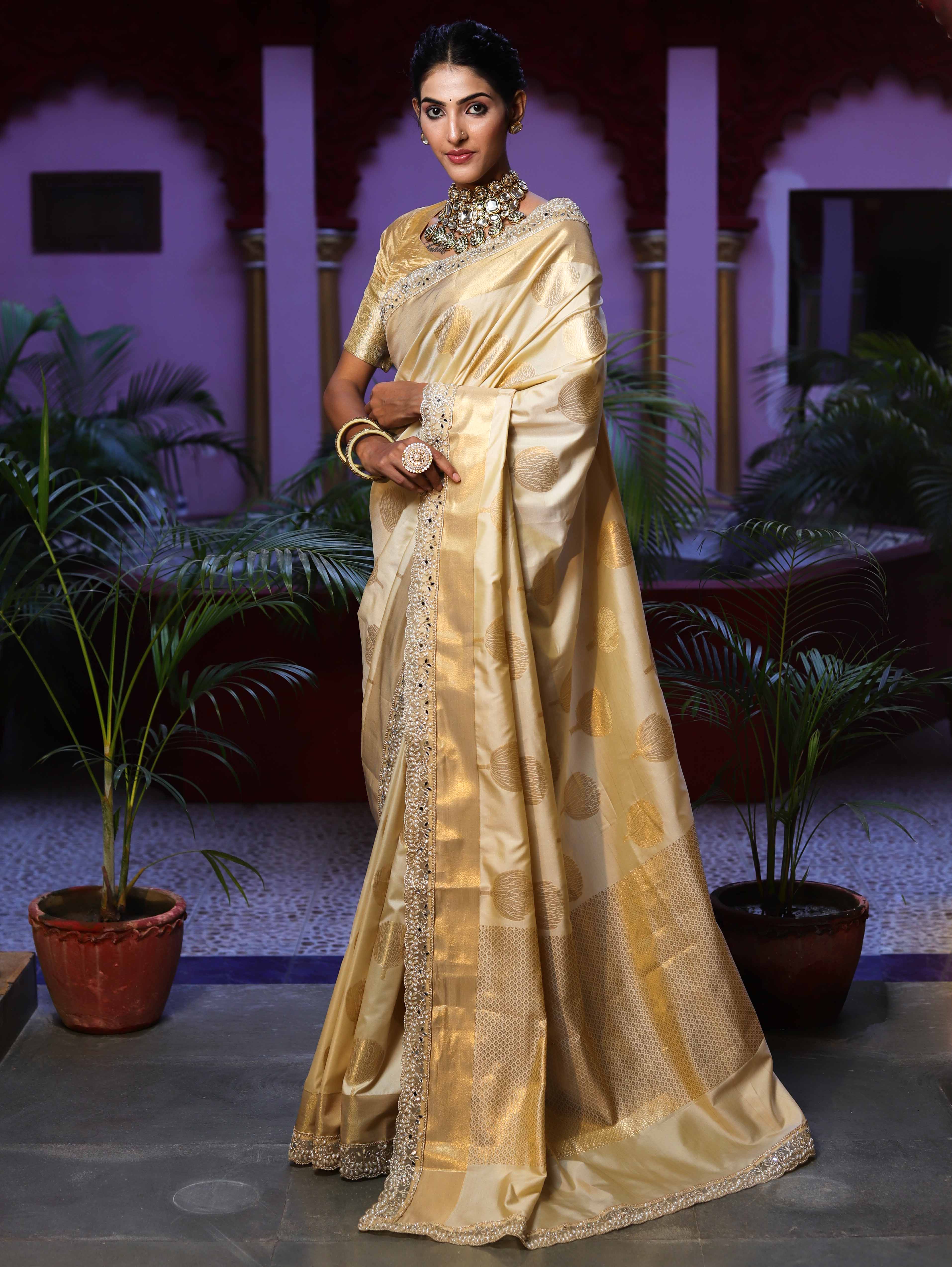 Banarasee Handwoven Semi Silk Saree With Zari Buta Design & Lace-Cream