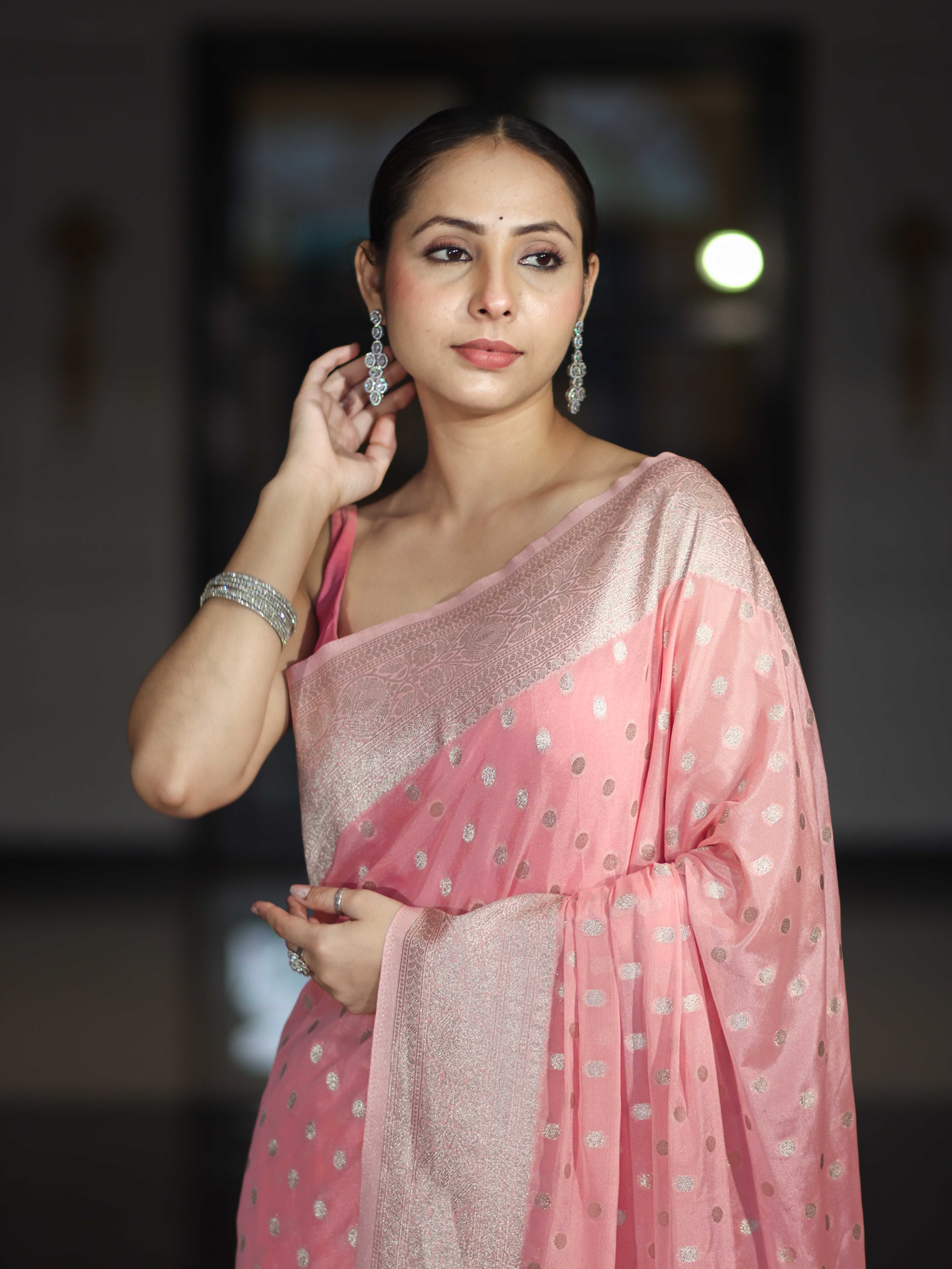 Banarasee Handwoven Chiffon Saree With Polka Dots Design & Border-Peachy Pink