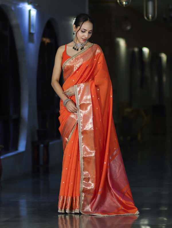 Banarasee Handloom Semi Silk Saree With Buti Design Zari Border & Lace-Orange