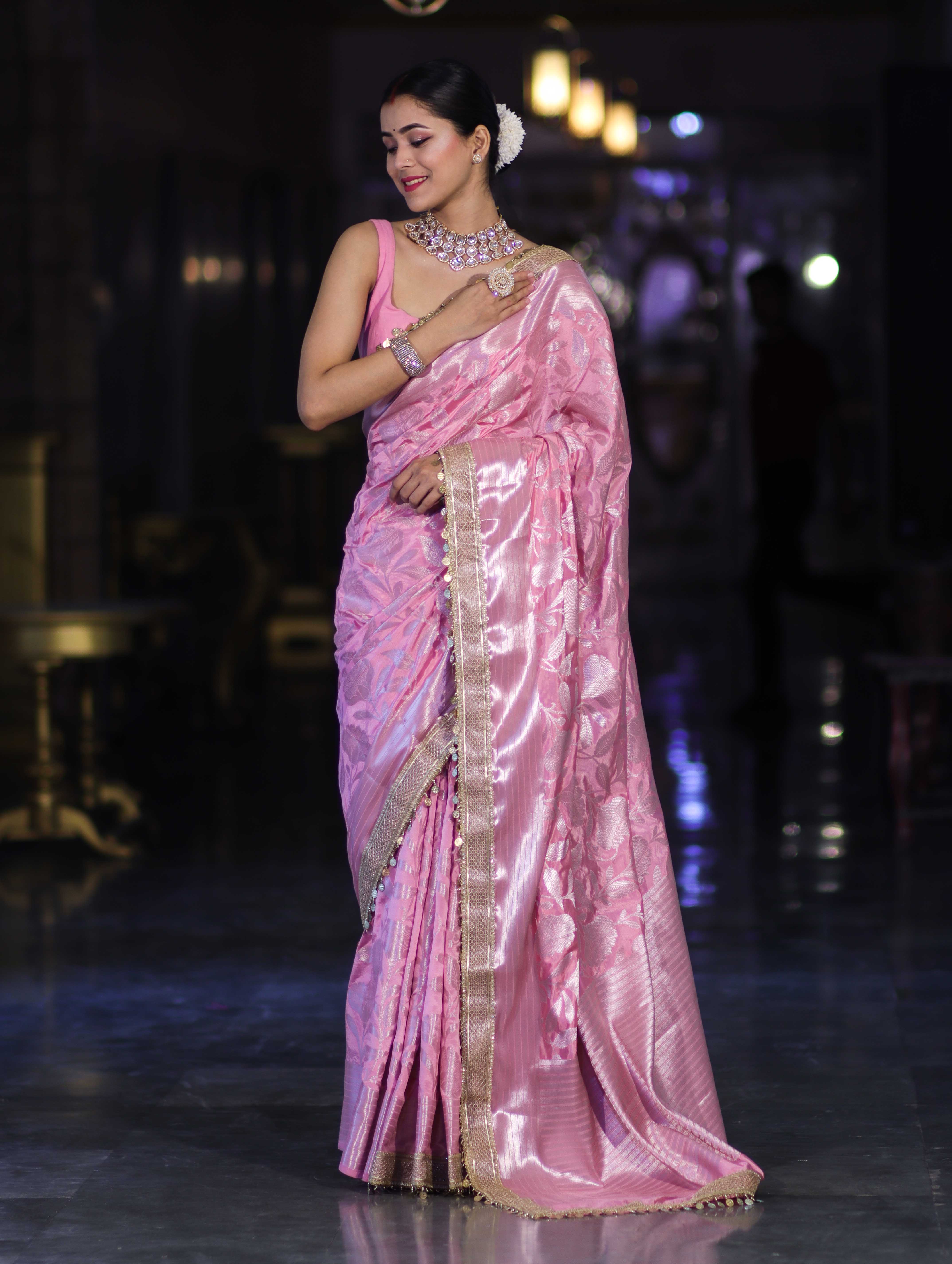 Banarasee Handloom Semi Silk Saree With Silver Zari Work Border & Lace-Light Pink
