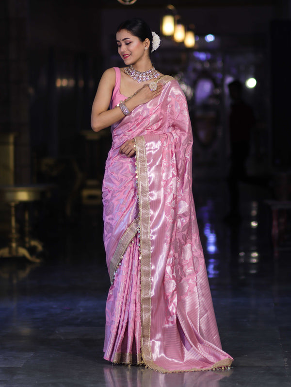 Banarasee Handloom Semi Silk Saree With Silver Zari Work Border & Lace-Light Pink