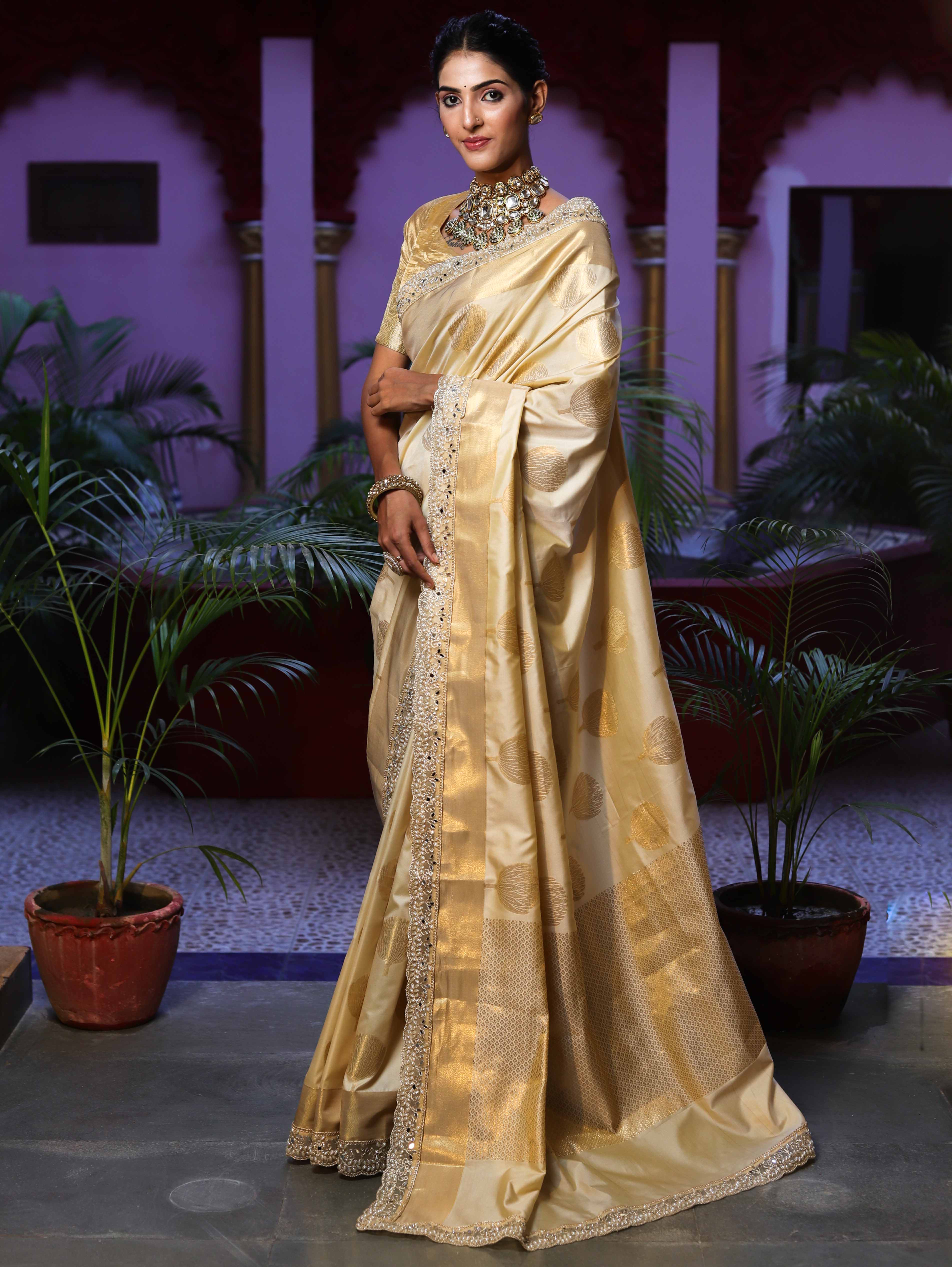Banarasee Handwoven Semi Silk Saree With Zari Buta Design & Lace-Cream