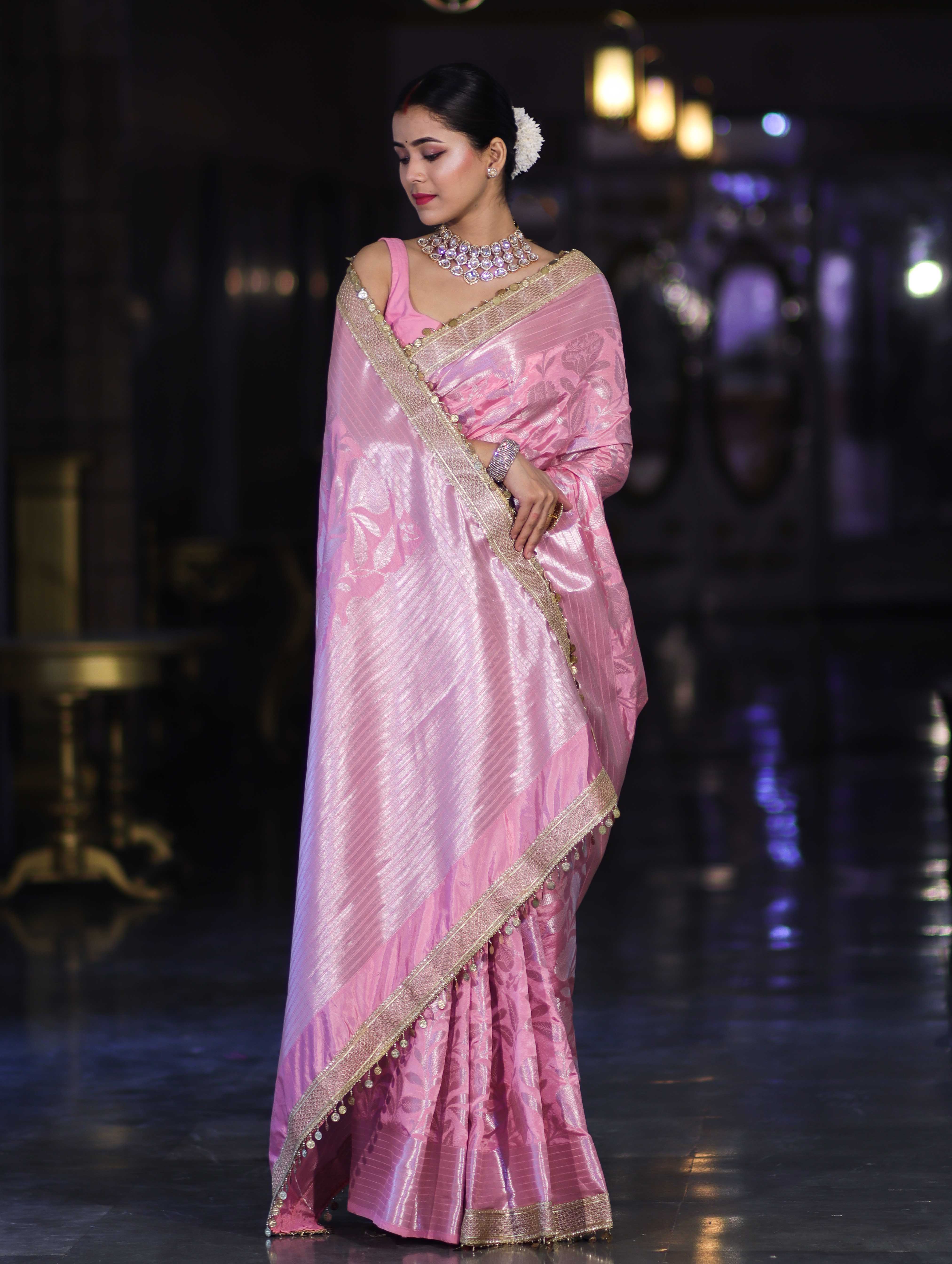 Banarasee Handloom Semi Silk Saree With Silver Zari Work Border & Lace-Light Pink