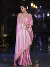Banarasee Handloom Semi Silk Saree With Silver Zari Work Border & Lace-Light Pink