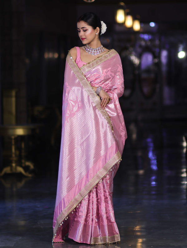 Banarasee Handloom Semi Silk Saree With Silver Zari Work Border & Lace-Light Pink