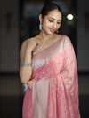 Banarasee Handwoven Chiffon Saree With Polka Dots Design & Border-Peachy Pink