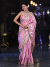 Banarasee Handloom Semi Silk Saree With Silver Zari Work Border & Lace-Light Pink