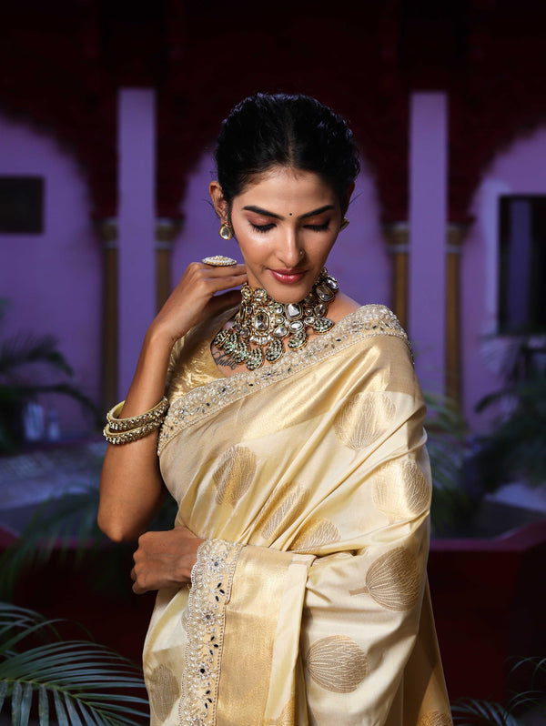Banarasee Handwoven Semi Silk Saree With Zari Buta Design & Lace-Cream