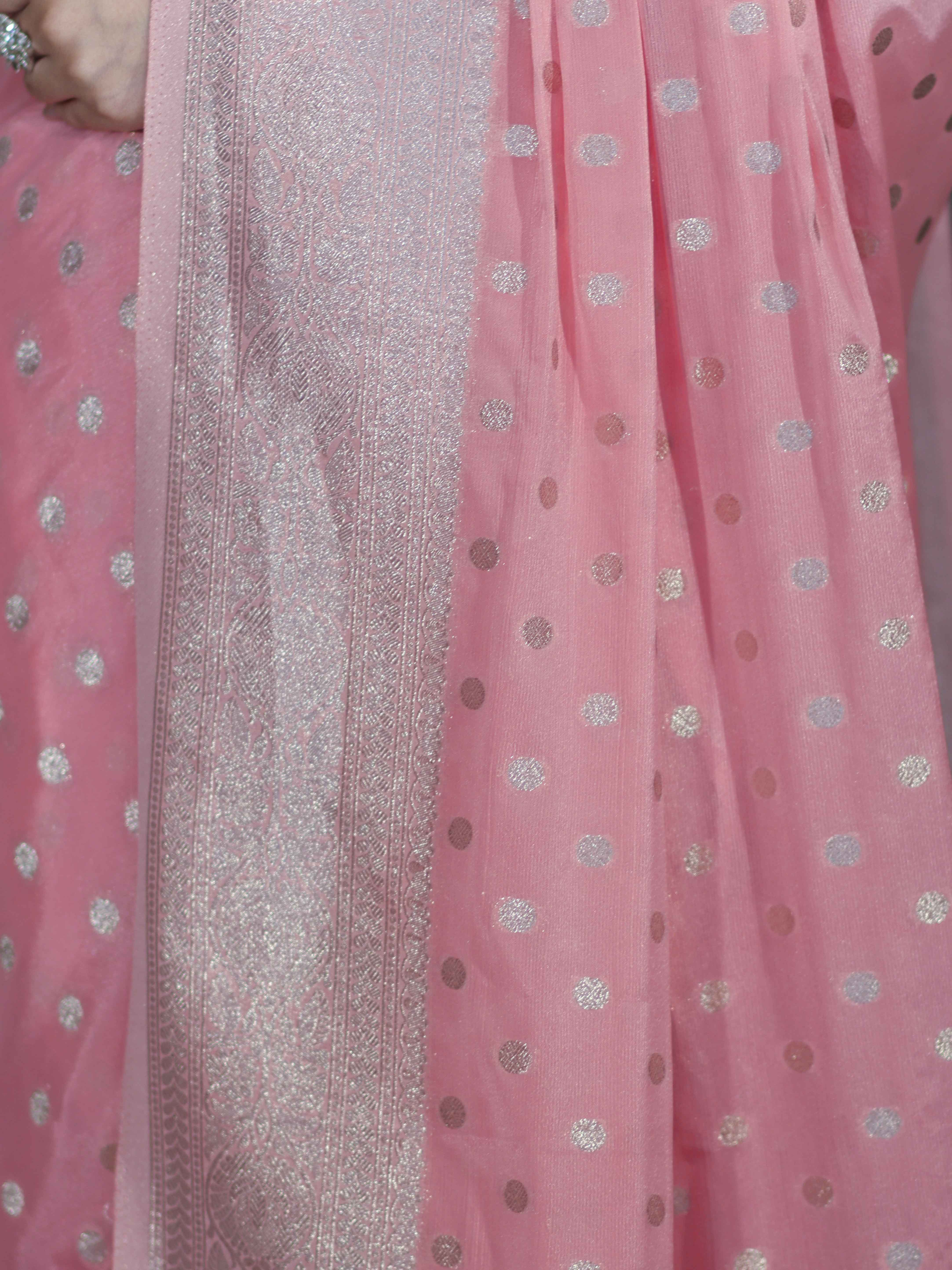 Banarasee Handwoven Chiffon Saree With Polka Dots Design & Border-Peachy Pink