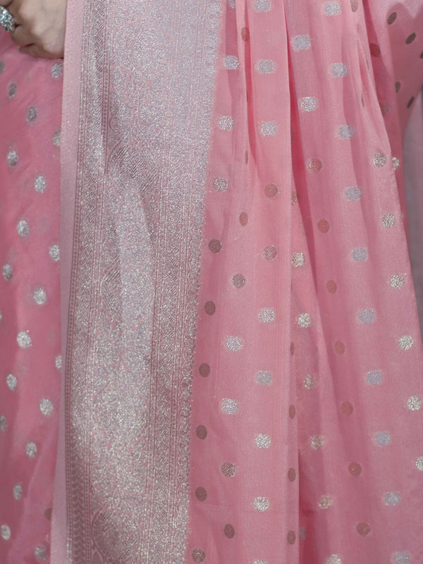Banarasee Handwoven Chiffon Saree With Polka Dots Design & Border-Peachy Pink