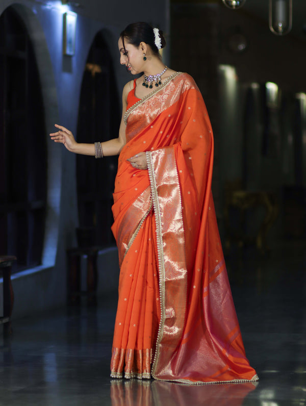 Banarasee Handloom Semi Silk Saree With Buti Design Zari Border & Lace-Orange