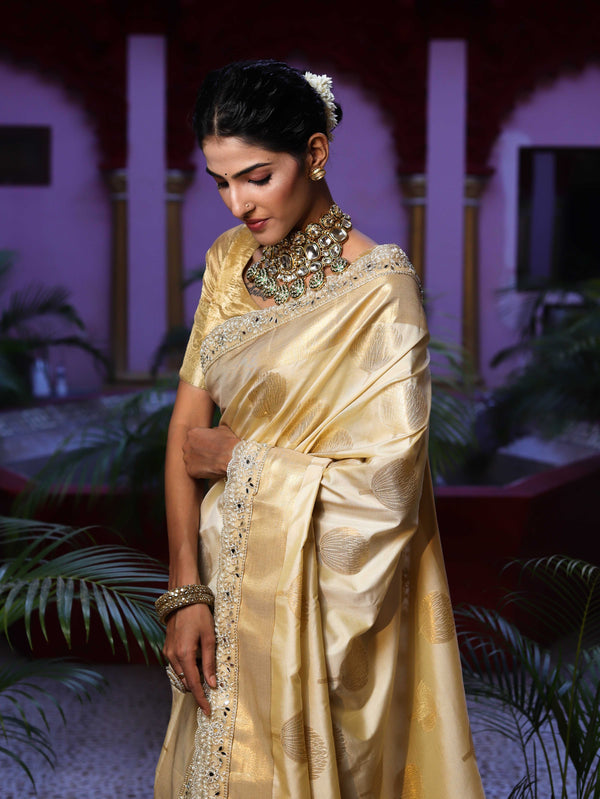 Banarasee Handwoven Semi Silk Saree With Zari Buta Design & Lace-Cream