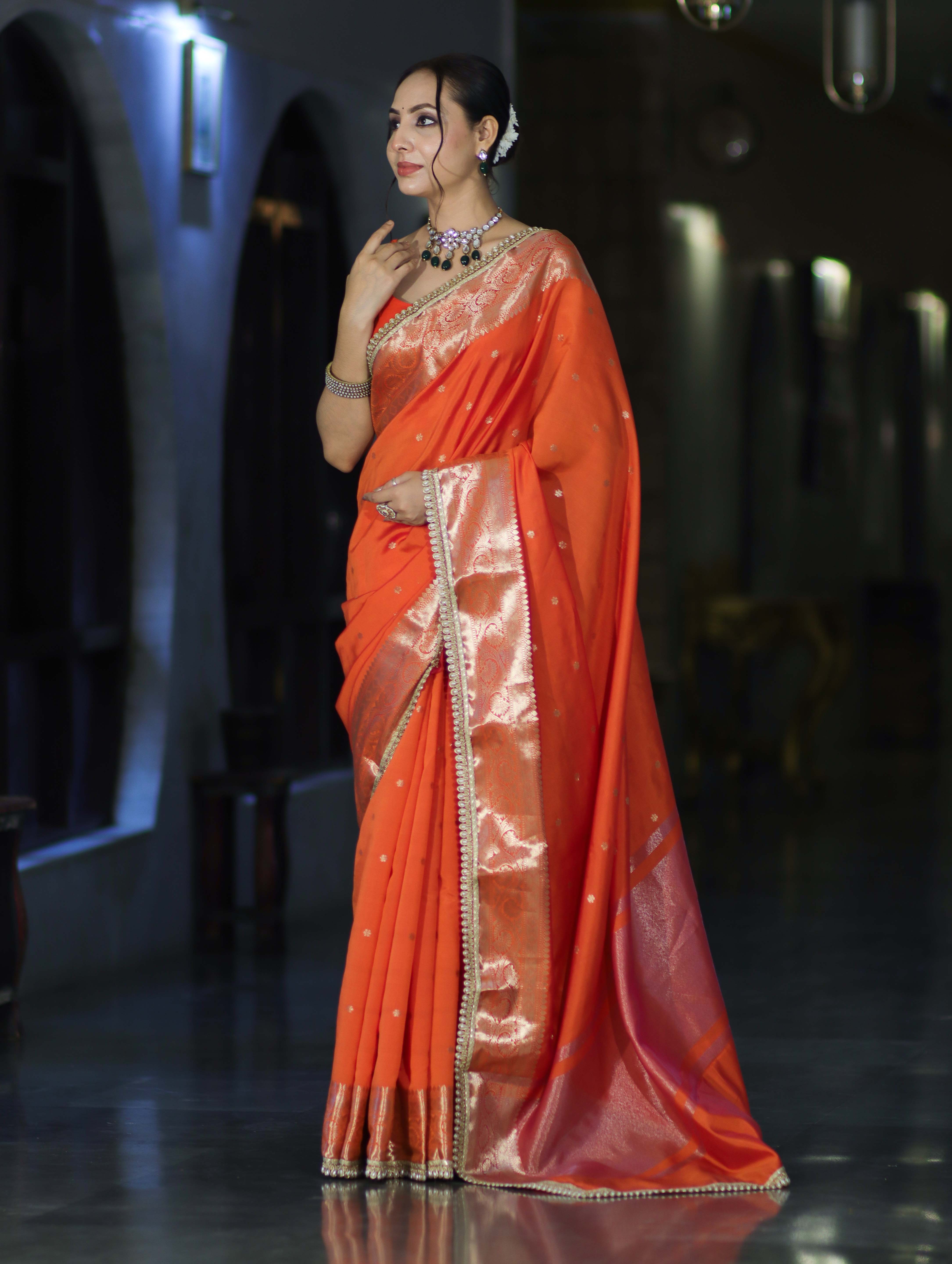 Banarasee Handloom Semi Silk Saree With Buti Design Zari Border & Lace-Orange