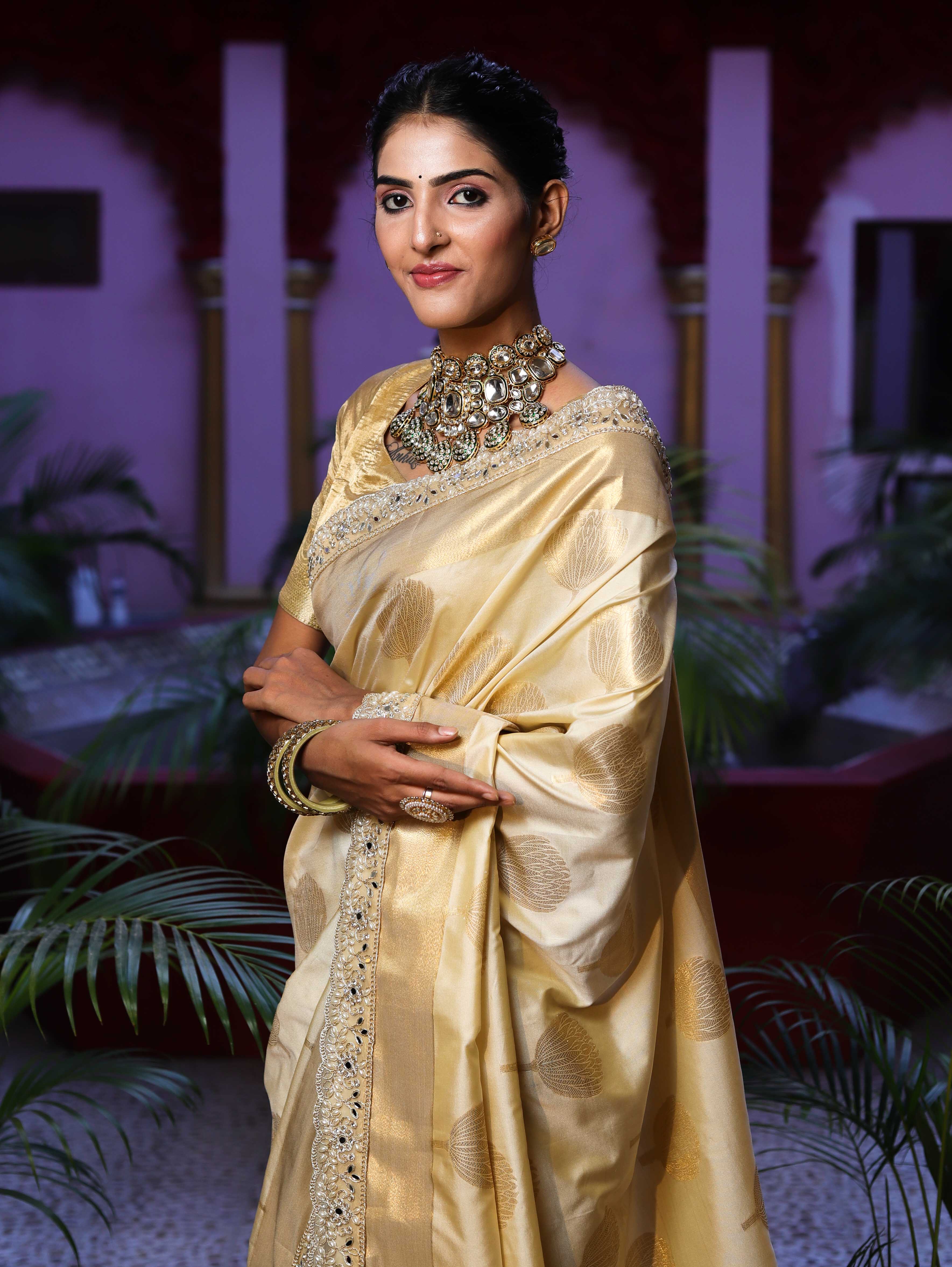 Banarasee Handwoven Semi Silk Saree With Zari Buta Design & Lace-Cream