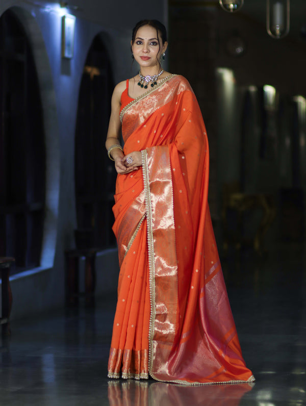 Banarasee Handloom Semi Silk Saree With Buti Design Zari Border & Lace-Orange