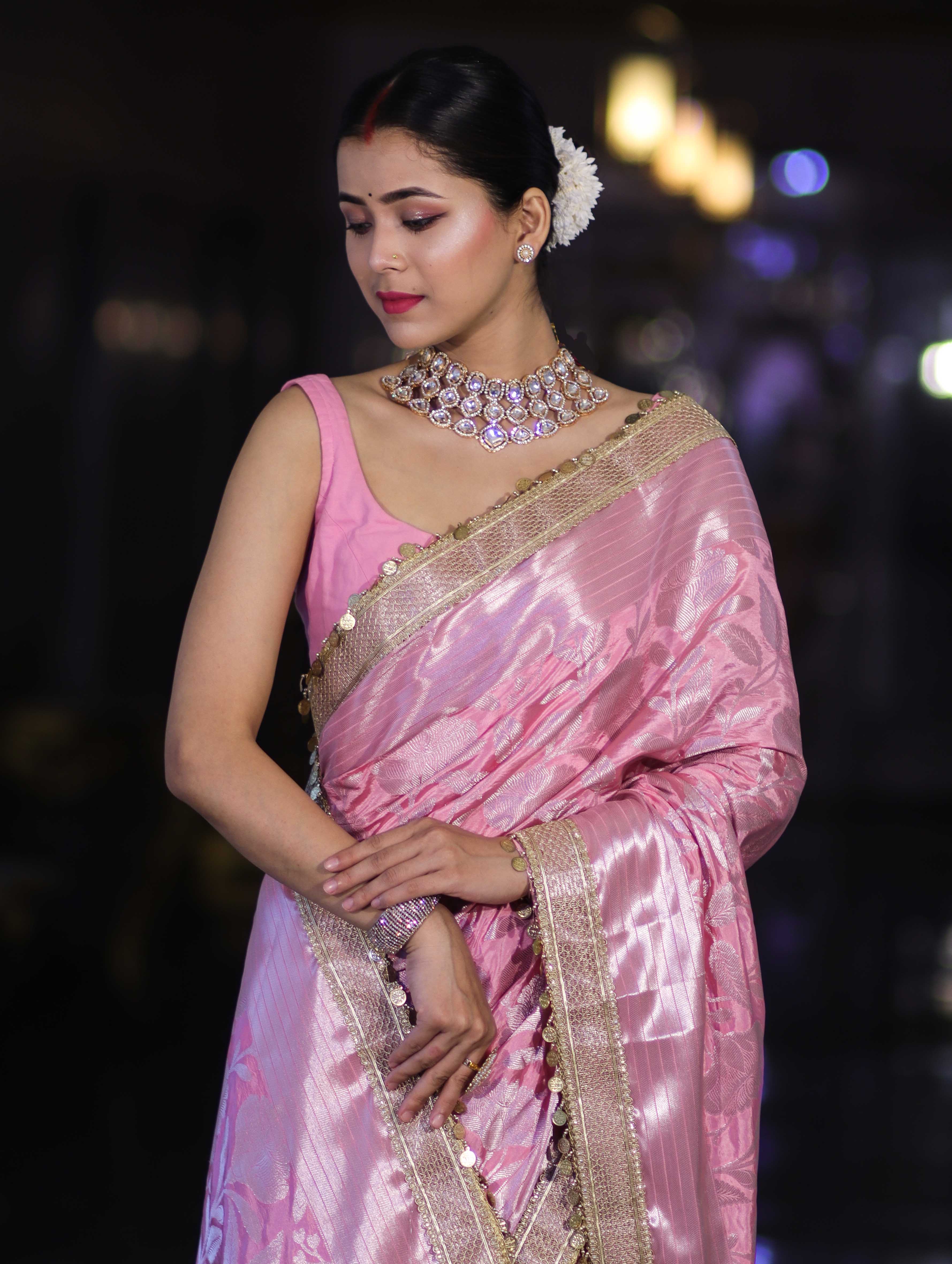 Banarasee Handloom Semi Silk Saree With Silver Zari Work Border & Lace-Light Pink