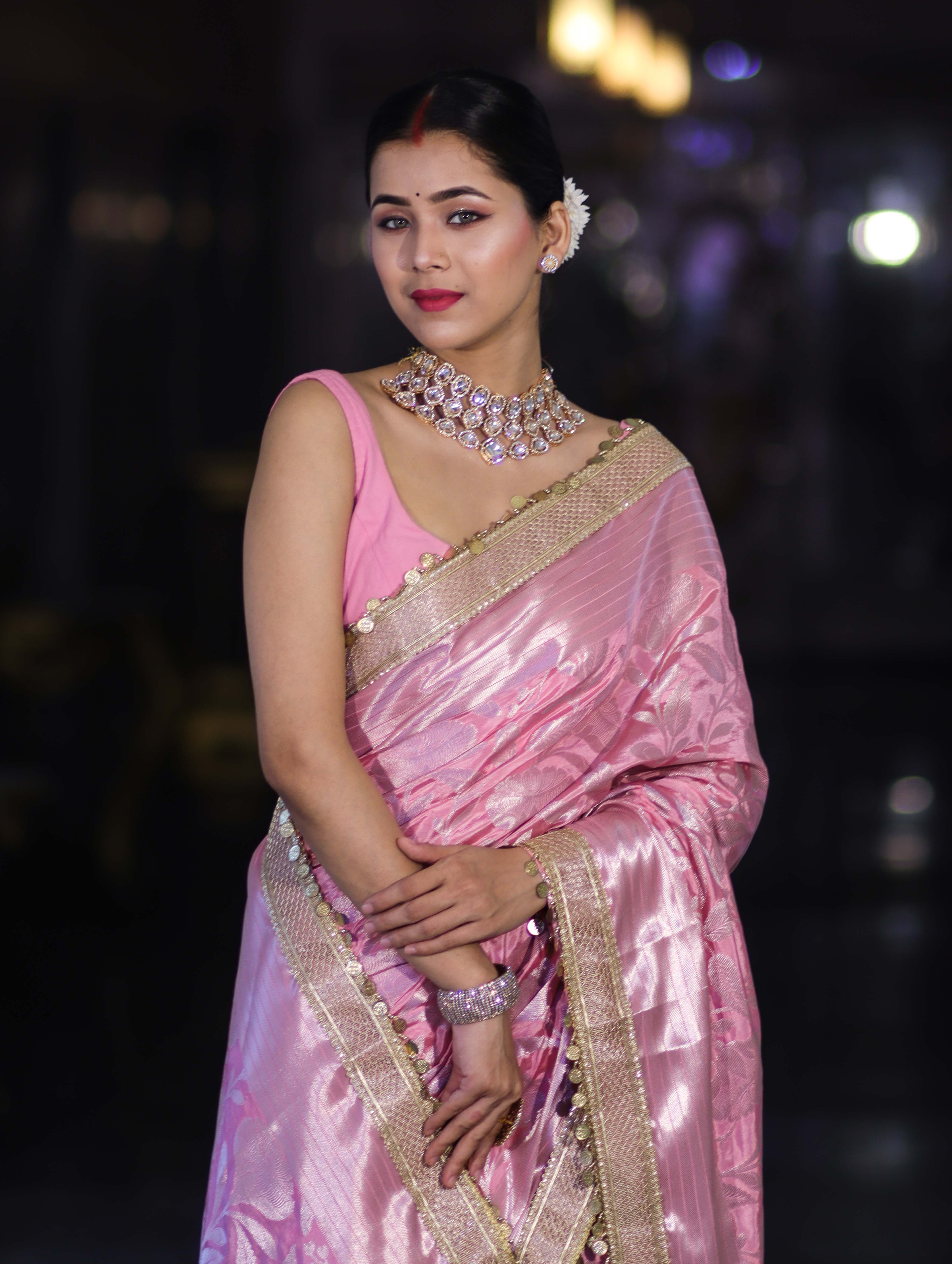 Banarasee Handloom Semi Silk Saree With Silver Zari Work Border & Lace-Light Pink