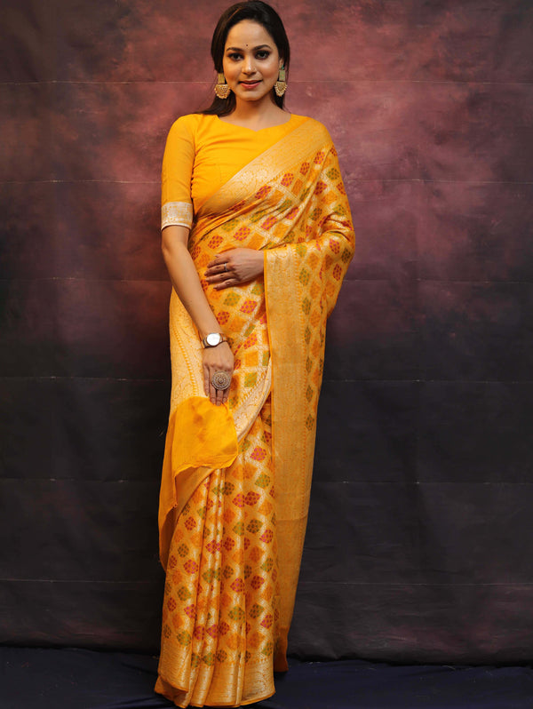 Banarasee Chiffon Zari Jaal & Resham Work Saree-Yellow