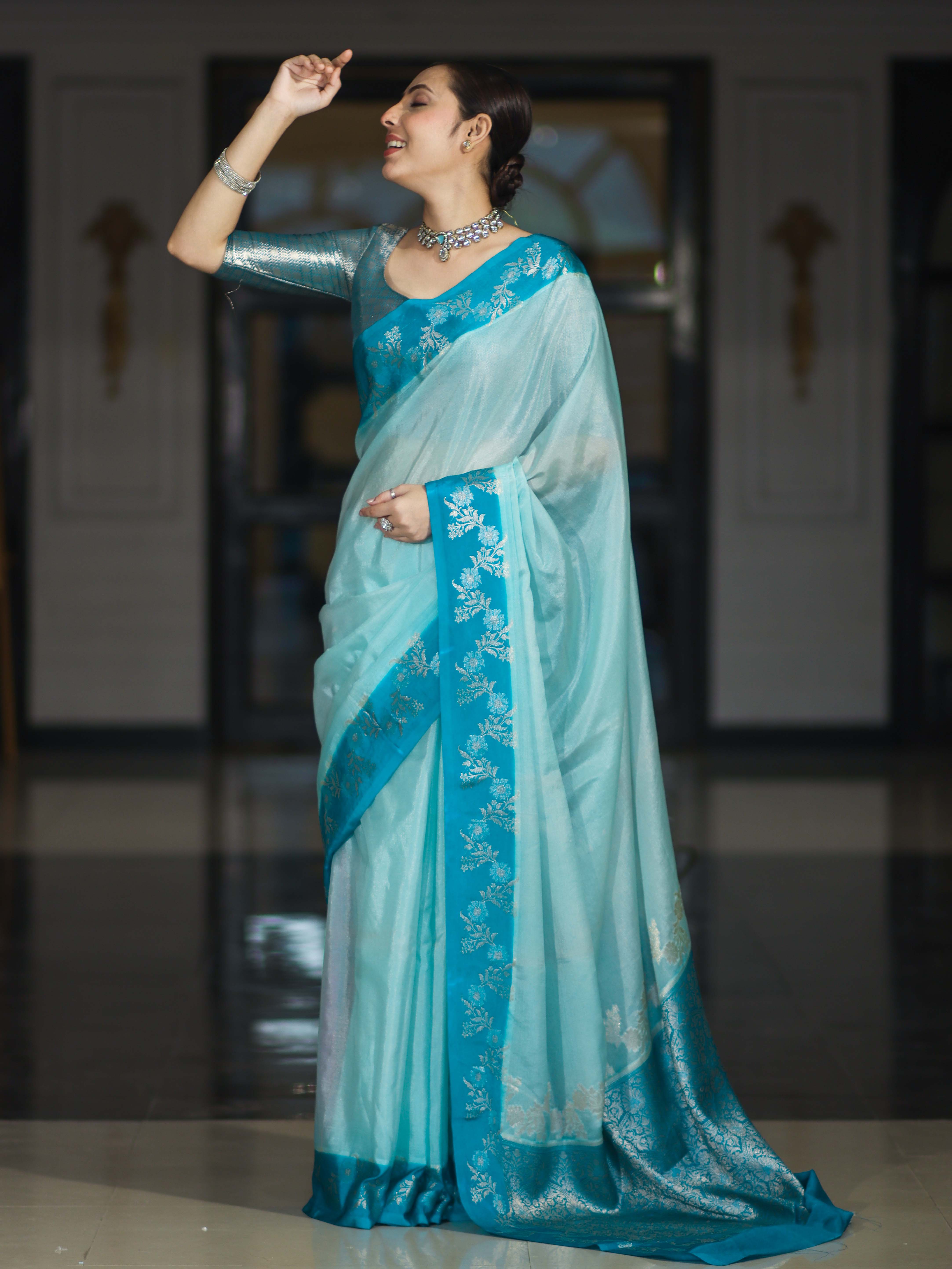 Banarasee Handloom Plain Semi Silk Saree With Contrast Floral Border-Turquoise Blue