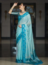 Banarasee Handloom Plain Semi Silk Saree With Contrast Floral Border-Turquoise Blue