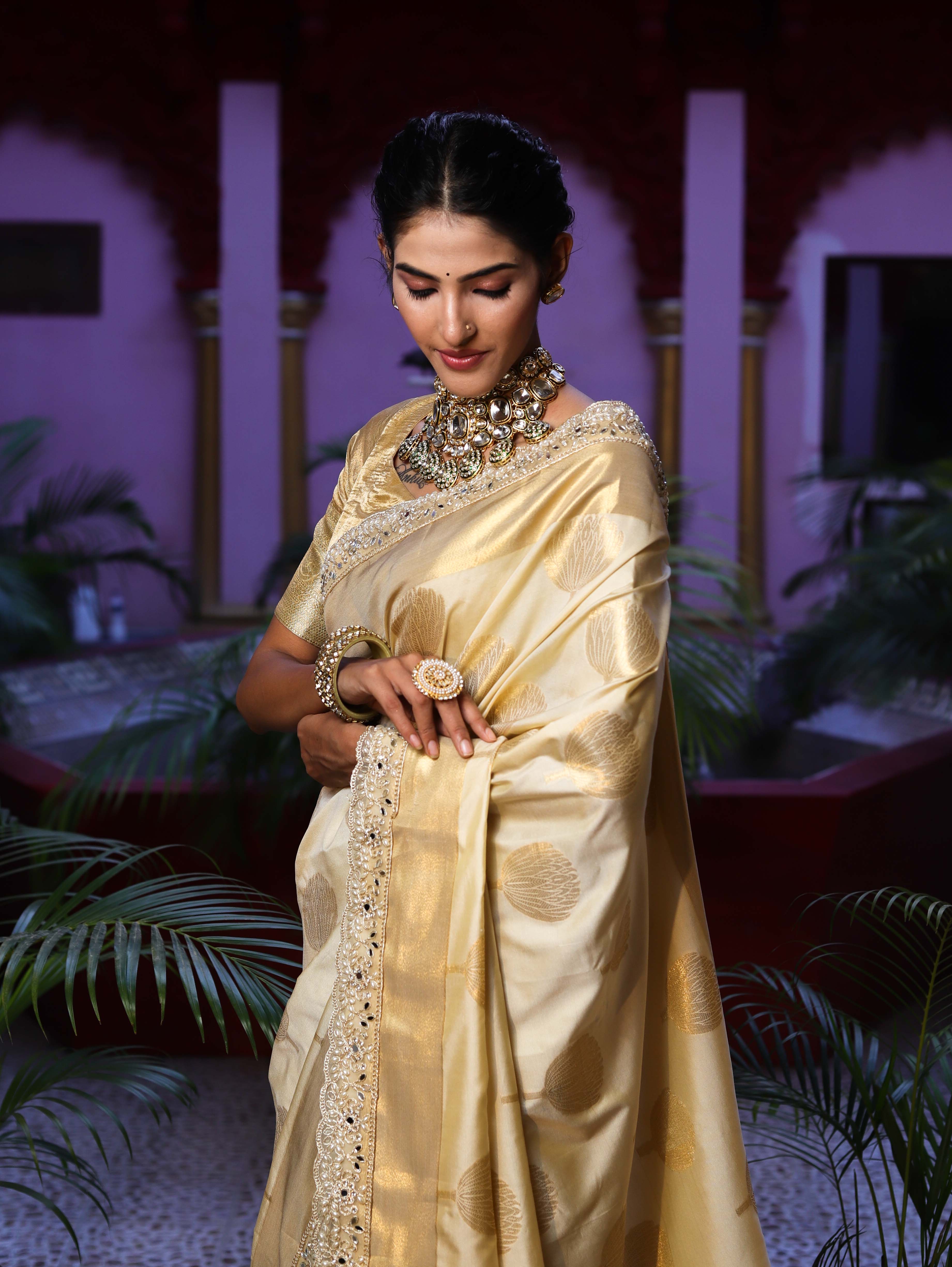 Banarasee Handwoven Semi Silk Saree With Zari Buta Design & Lace-Cream